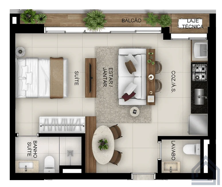 Planta Studio e 41 m² no Gyro Cidade Opus