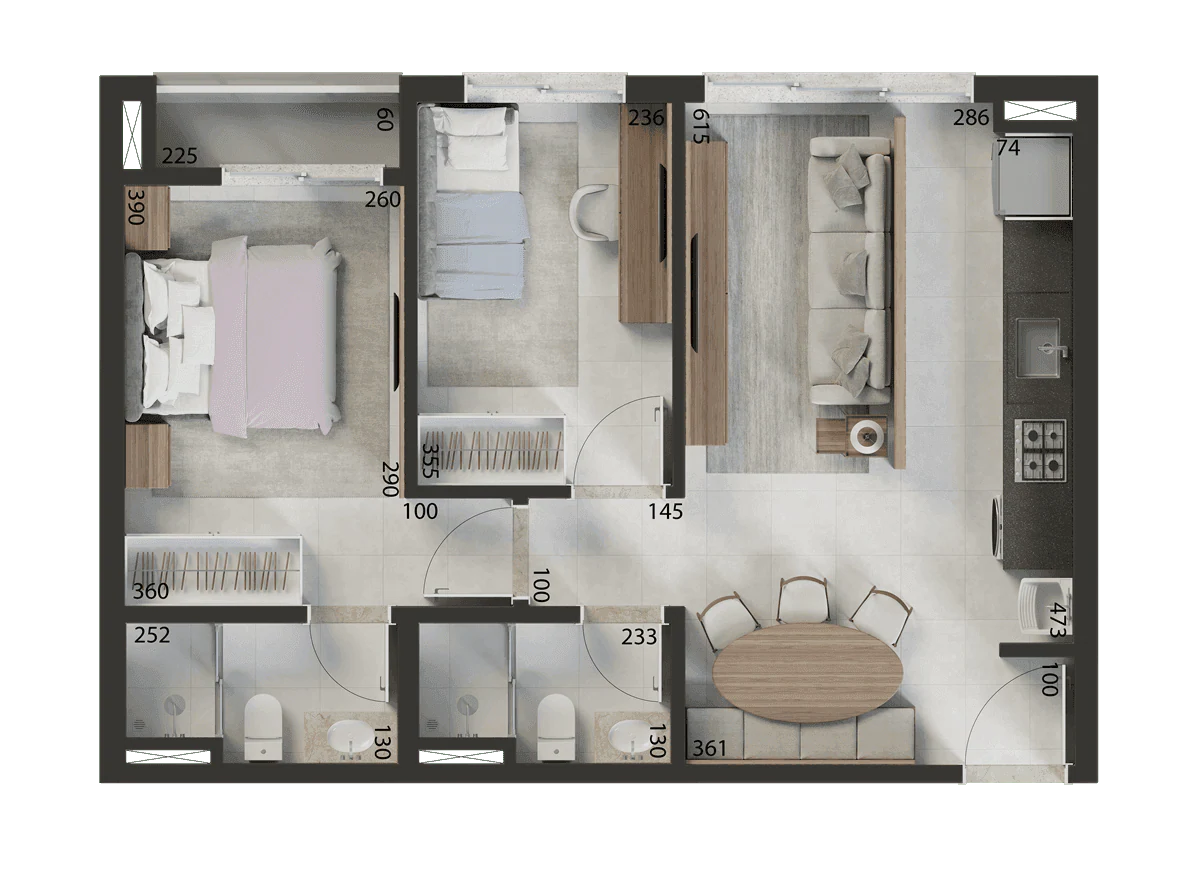 Planta 2 Quartos e 59 m² no Fiord Ricardo Paranhos