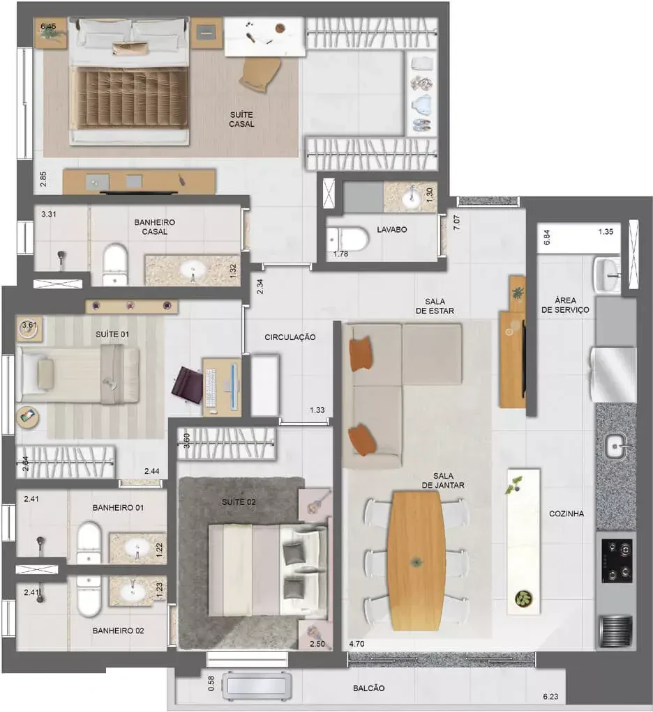 Planta 3 Quartos e 102 m² no Land226 Universitário