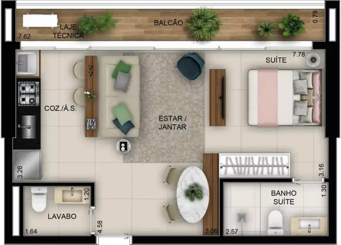 Planta Studio e 48 m² no Opus Gyro Ricardo Paranhos