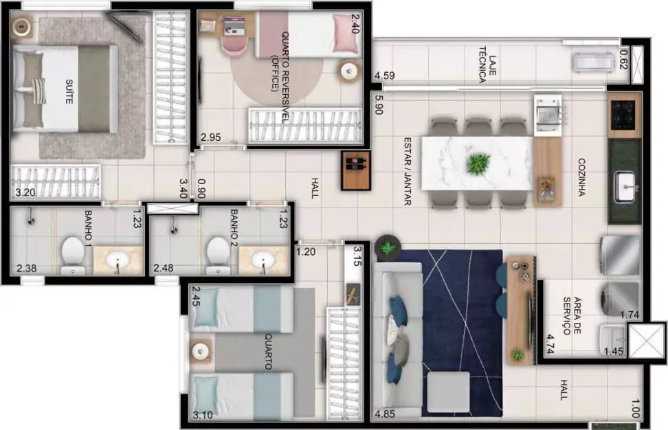 Planta humanizada de apartamento com ambientes integrados