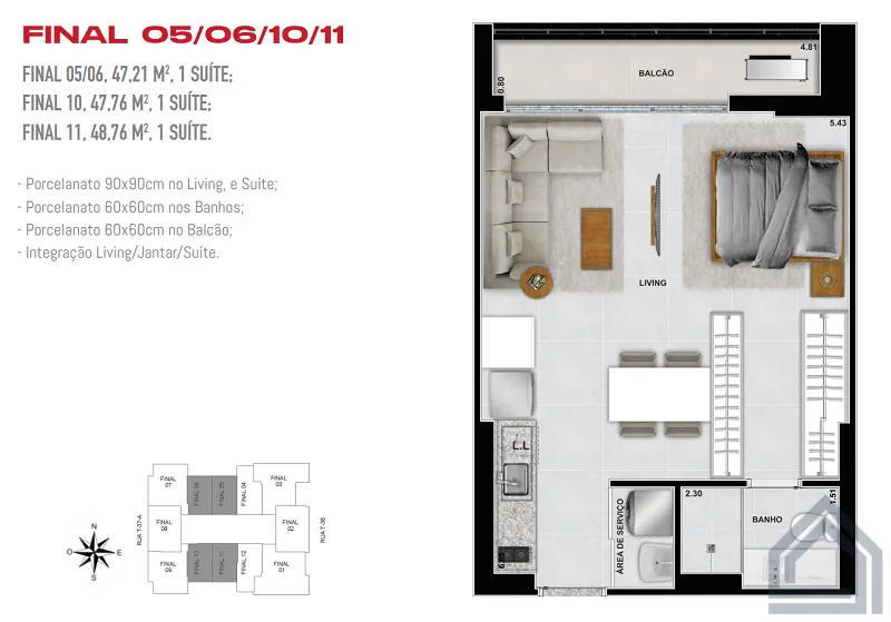 Planta humanizada de apartamento compacto com mobiliário e medidas