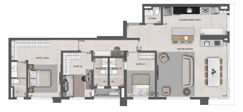 NEST23 - final 01 121m (3 suites cozinha aberta lavabo) quarto solteiro com cama de casal r05